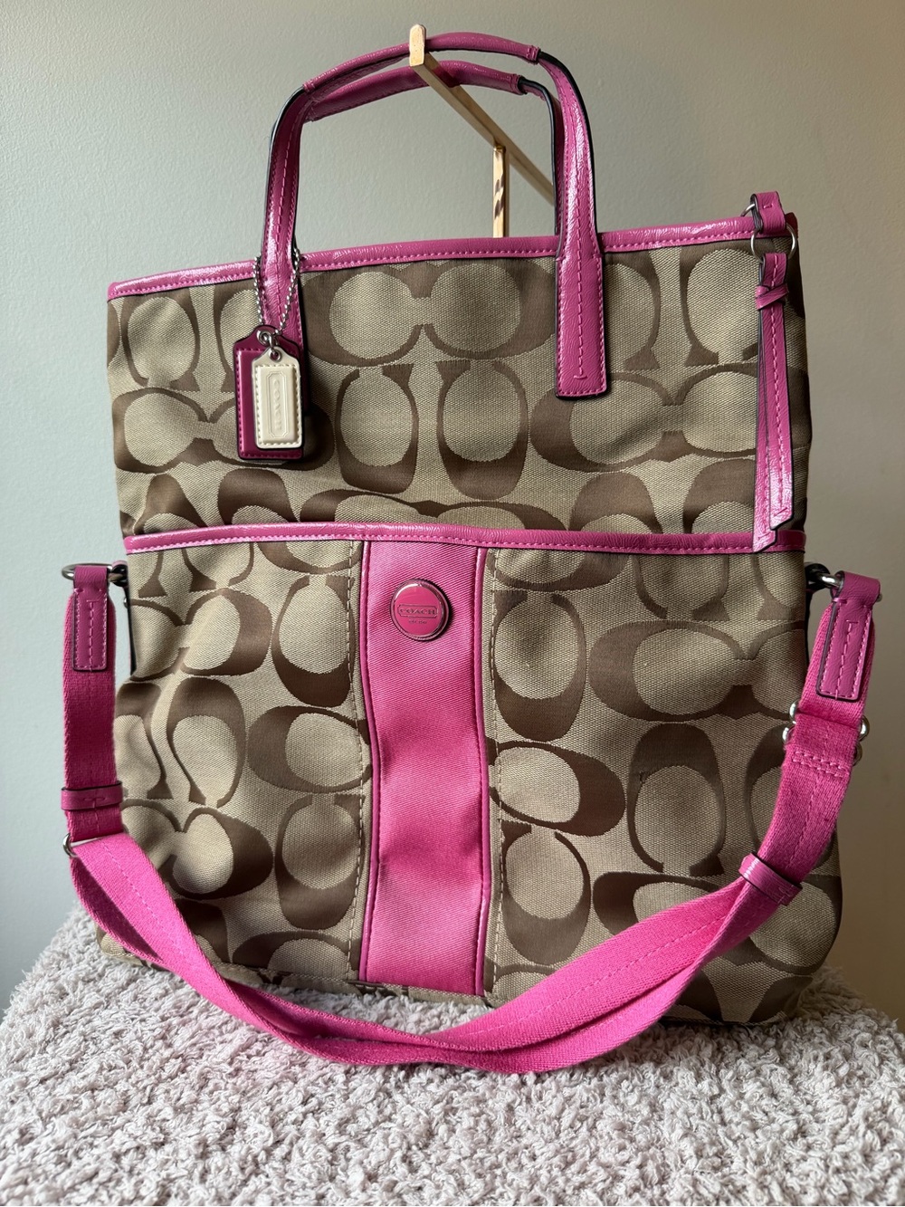 Coach Canvas Foldover Tote with Pink Leather Trim